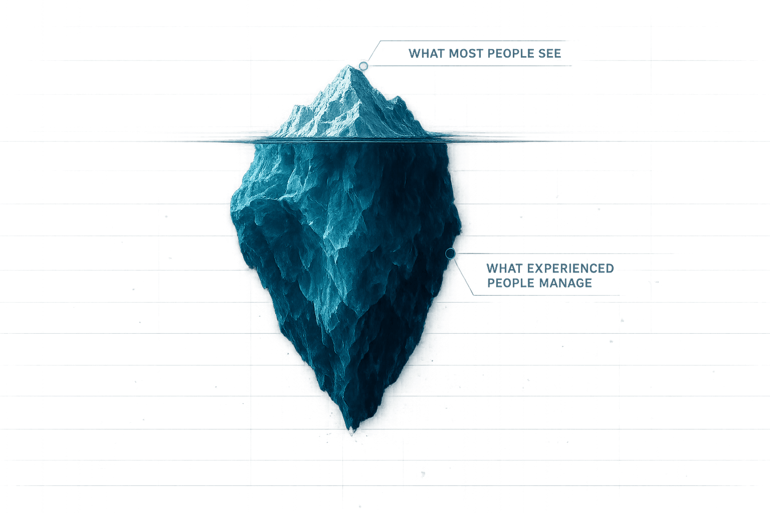 Risk iceberg — above the waterline, what most people see; below it, the far larger mass experienced people manage.
